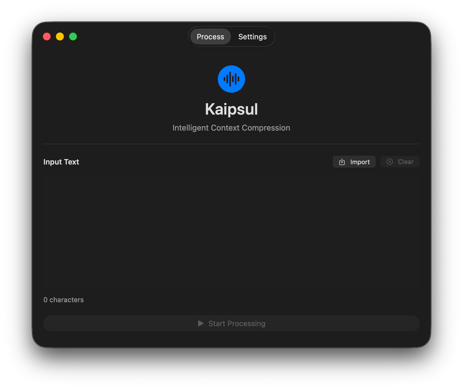Kaipsul process interface showing input text area and compression controls
