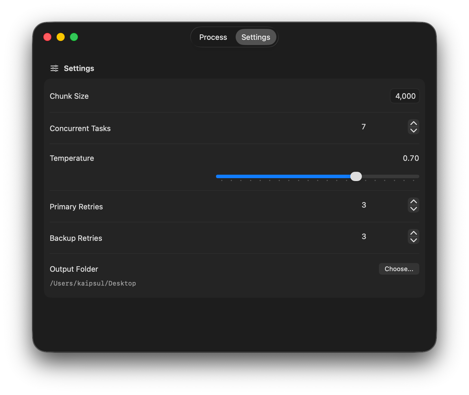 Kaipsul settings panel with compression parameters and output options